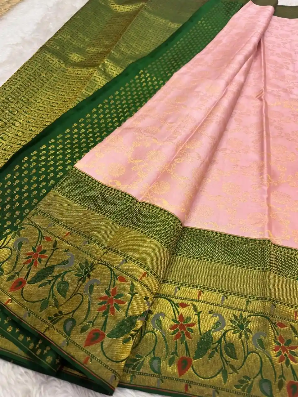 Baby Pink with Forest Green Contrast Pure Kanchipuram Handloom Silk Saree